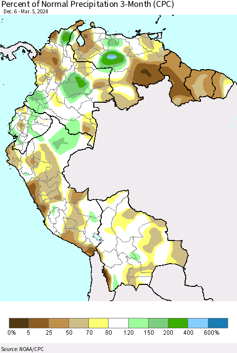 Northern South America Percent of Normal Precipitation 3-Month (CPC) Thematic Map For 12/6/2023 - 3/5/2024