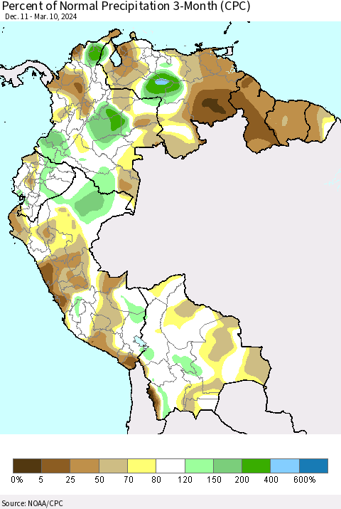 Northern South America Percent of Normal Precipitation 3-Month (CPC) Thematic Map For 12/11/2023 - 3/10/2024