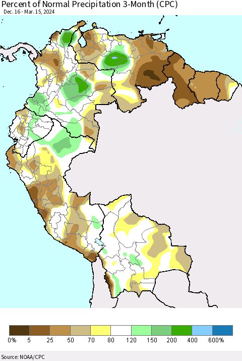 Northern South America Percent of Normal Precipitation 3-Month (CPC) Thematic Map For 12/16/2023 - 3/15/2024