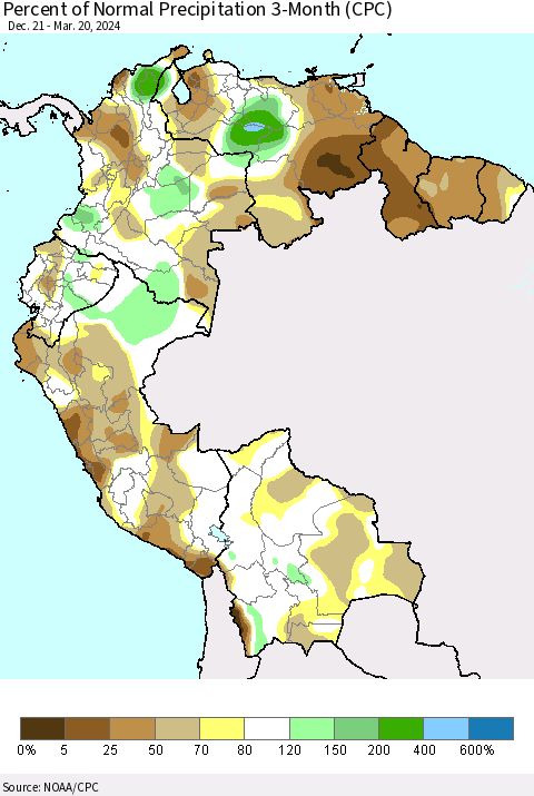 Northern South America Percent of Normal Precipitation 3-Month (CPC) Thematic Map For 12/21/2023 - 3/20/2024