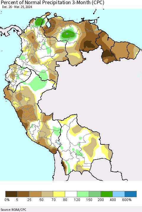 Northern South America Percent of Normal Precipitation 3-Month (CPC) Thematic Map For 12/26/2023 - 3/25/2024