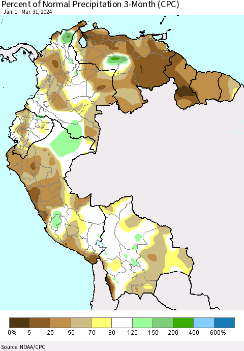 Northern South America Percent of Normal Precipitation 3-Month (CPC) Thematic Map For 1/1/2024 - 3/31/2024