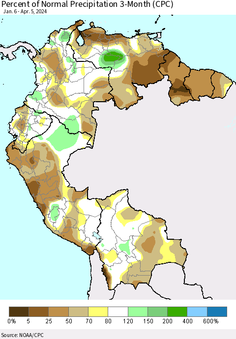Northern South America Percent of Normal Precipitation 3-Month (CPC) Thematic Map For 1/6/2024 - 4/5/2024