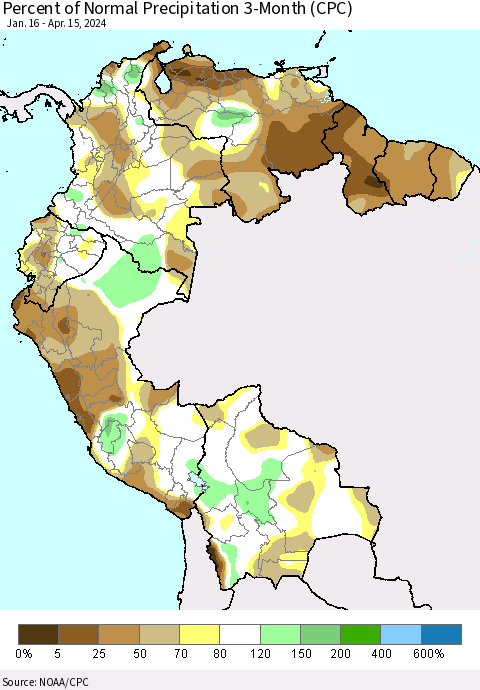 Northern South America Percent of Normal Precipitation 3-Month (CPC) Thematic Map For 1/16/2024 - 4/15/2024
