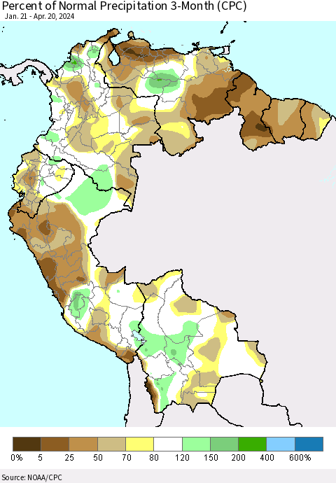 Northern South America Percent of Normal Precipitation 3-Month (CPC) Thematic Map For 1/21/2024 - 4/20/2024