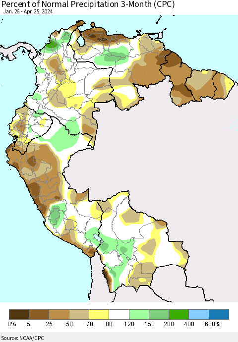 Northern South America Percent of Normal Precipitation 3-Month (CPC) Thematic Map For 1/26/2024 - 4/25/2024