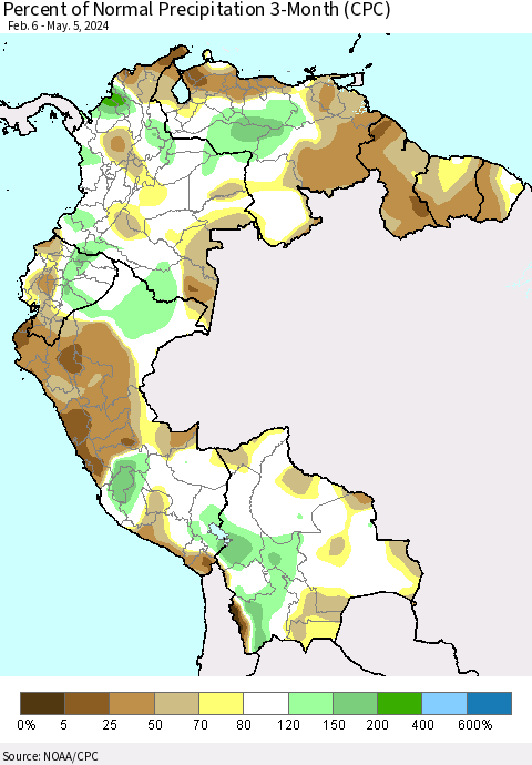 Northern South America Percent of Normal Precipitation 3-Month (CPC) Thematic Map For 2/6/2024 - 5/5/2024