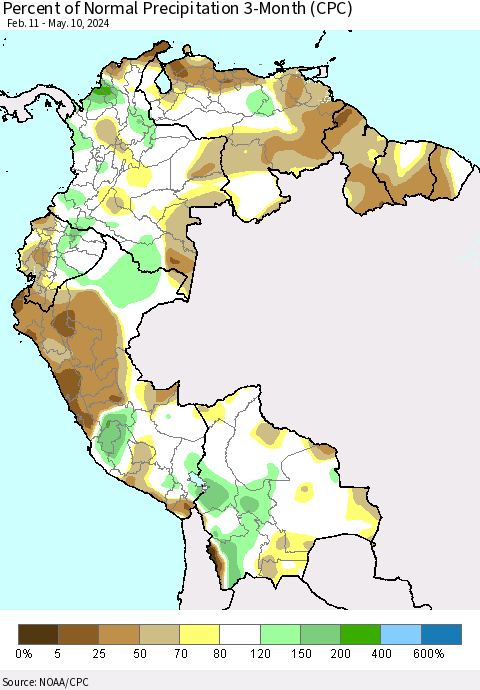 Northern South America Percent of Normal Precipitation 3-Month (CPC) Thematic Map For 2/11/2024 - 5/10/2024