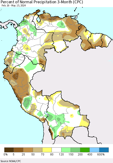Northern South America Percent of Normal Precipitation 3-Month (CPC) Thematic Map For 2/16/2024 - 5/15/2024