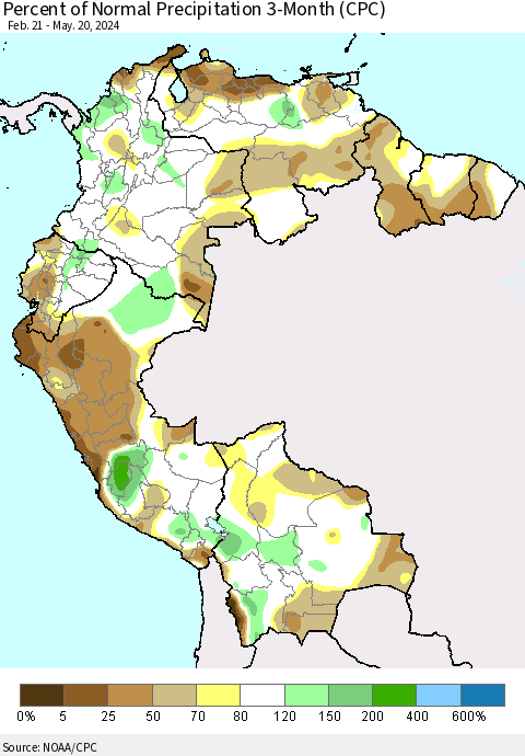 Northern South America Percent of Normal Precipitation 3-Month (CPC) Thematic Map For 2/21/2024 - 5/20/2024