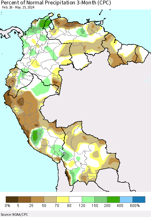 Northern South America Percent of Normal Precipitation 3-Month (CPC) Thematic Map For 2/26/2024 - 5/25/2024