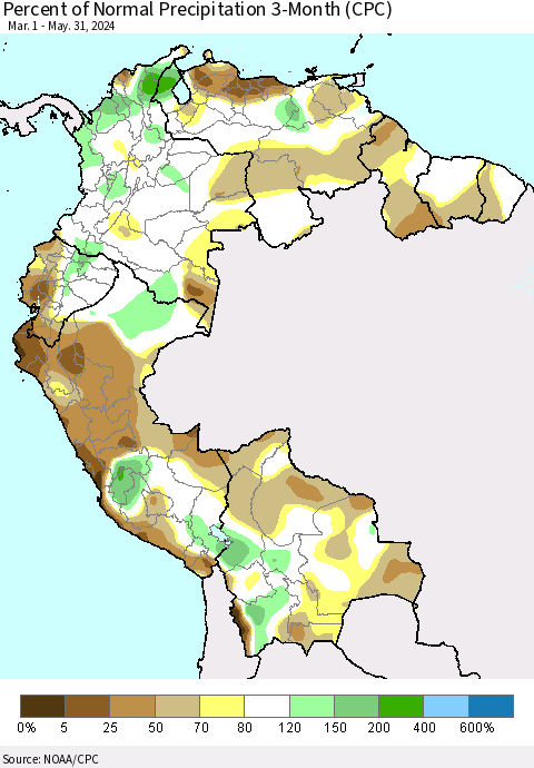 Northern South America Percent of Normal Precipitation 3-Month (CPC) Thematic Map For 3/1/2024 - 5/31/2024