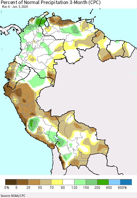 Northern South America Percent of Normal Precipitation 3-Month (CPC) Thematic Map For 3/6/2024 - 6/5/2024