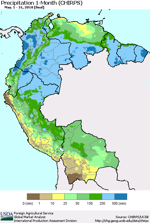 Northern South America Precipitation 1-Month (CHIRPS) Thematic Map For 5/1/2018 - 5/31/2018