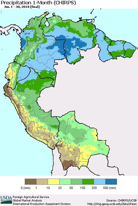 Northern South America Precipitation 1-Month (CHIRPS) Thematic Map For 6/1/2018 - 6/30/2018