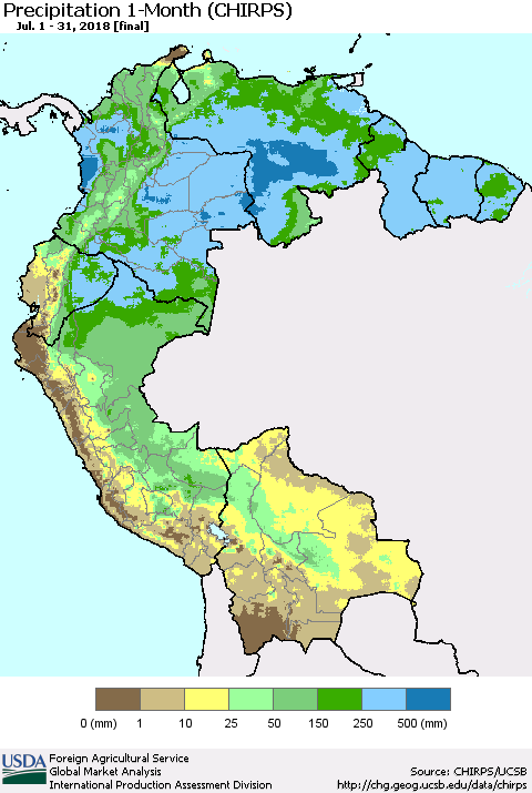 Northern South America Precipitation 1-Month (CHIRPS) Thematic Map For 7/1/2018 - 7/31/2018