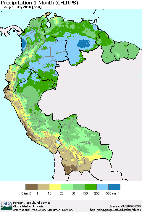 Northern South America Precipitation 1-Month (CHIRPS) Thematic Map For 8/1/2018 - 8/31/2018
