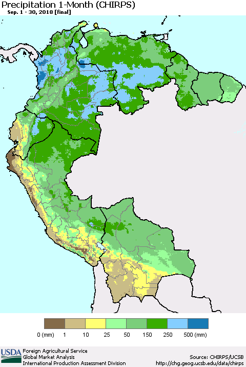 Northern South America Precipitation 1-Month (CHIRPS) Thematic Map For 9/1/2018 - 9/30/2018
