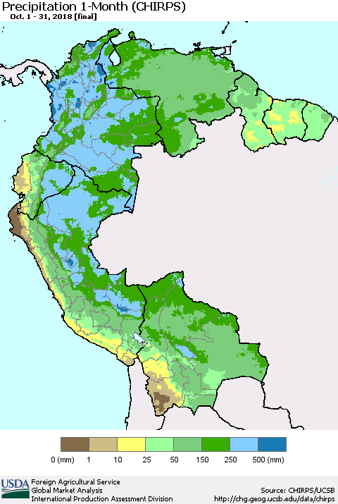 Northern South America Precipitation 1-Month (CHIRPS) Thematic Map For 10/1/2018 - 10/31/2018