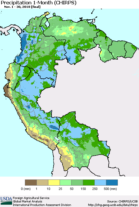 Northern South America Precipitation 1-Month (CHIRPS) Thematic Map For 11/1/2018 - 11/30/2018