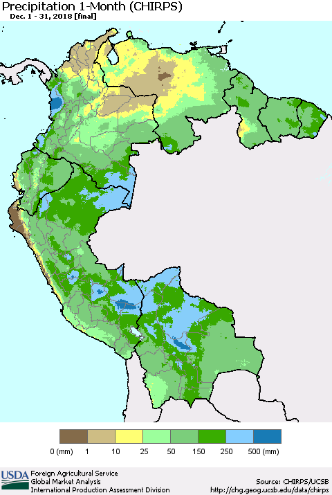 Northern South America Precipitation 1-Month (CHIRPS) Thematic Map For 12/1/2018 - 12/31/2018