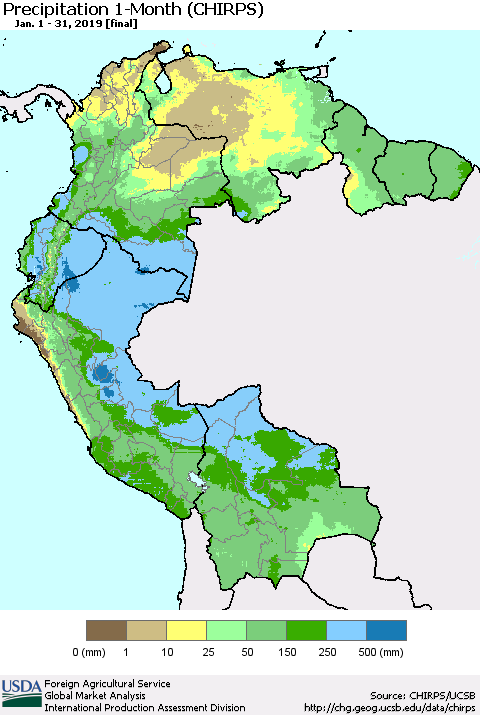 Northern South America Precipitation 1-Month (CHIRPS) Thematic Map For 1/1/2019 - 1/31/2019