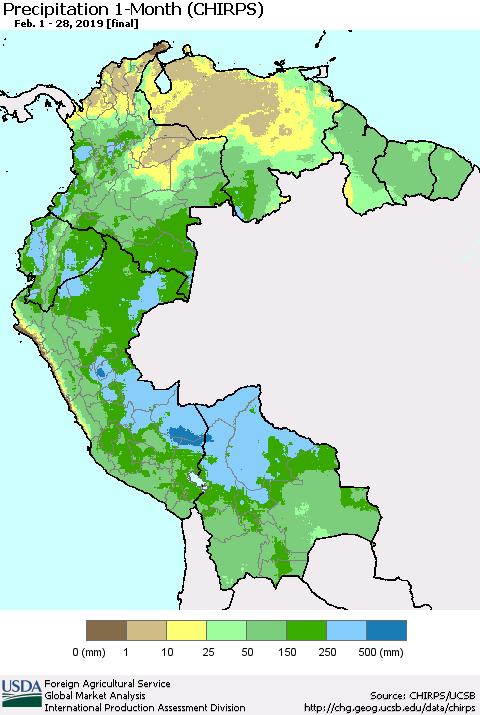 Northern South America Precipitation 1-Month (CHIRPS) Thematic Map For 2/1/2019 - 2/28/2019