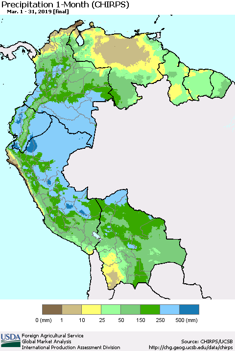 Northern South America Precipitation 1-Month (CHIRPS) Thematic Map For 3/1/2019 - 3/31/2019