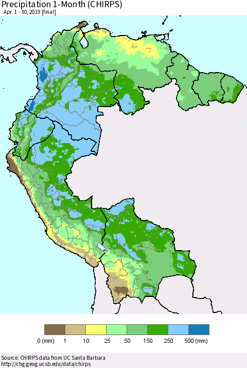 Northern South America Precipitation 1-Month (CHIRPS) Thematic Map For 4/1/2019 - 4/30/2019