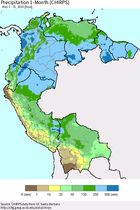 Northern South America Precipitation 1-Month (CHIRPS) Thematic Map For 5/1/2019 - 5/31/2019