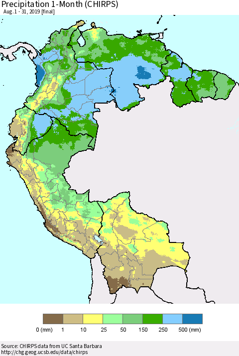 Northern South America Precipitation 1-Month (CHIRPS) Thematic Map For 8/1/2019 - 8/31/2019