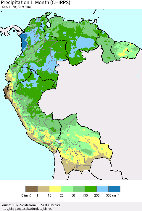 Northern South America Precipitation 1-Month (CHIRPS) Thematic Map For 9/1/2019 - 9/30/2019