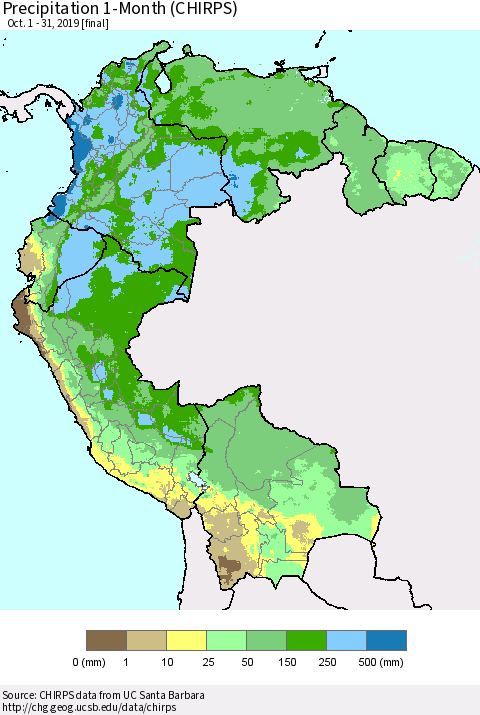 Northern South America Precipitation 1-Month (CHIRPS) Thematic Map For 10/1/2019 - 10/31/2019