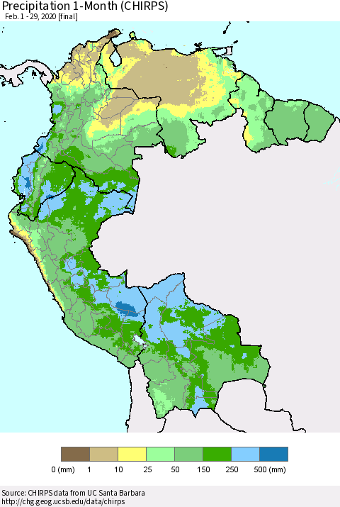 Northern South America Precipitation 1-Month (CHIRPS) Thematic Map For 2/1/2020 - 2/29/2020