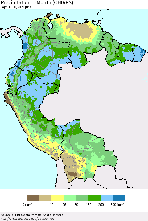 Northern South America Precipitation 1-Month (CHIRPS) Thematic Map For 4/1/2020 - 4/30/2020