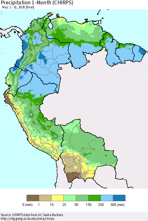 Northern South America Precipitation 1-Month (CHIRPS) Thematic Map For 5/1/2020 - 5/31/2020