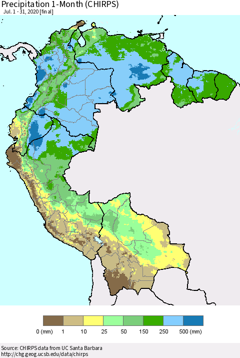 Northern South America Precipitation 1-Month (CHIRPS) Thematic Map For 7/1/2020 - 7/31/2020