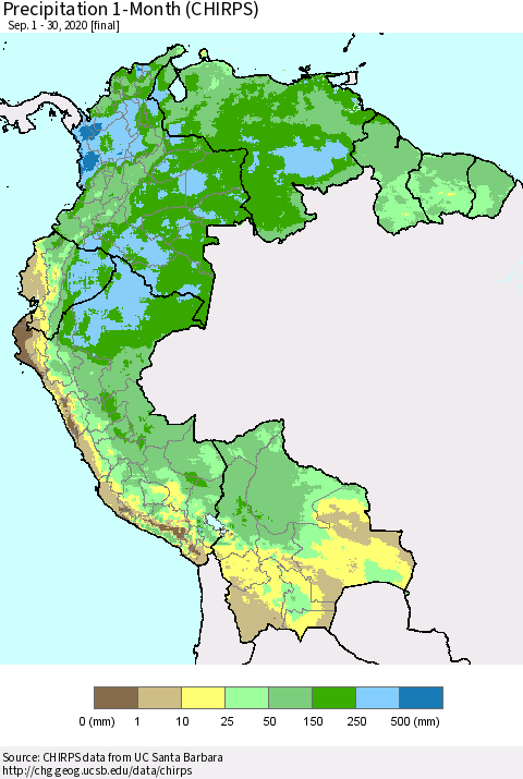 Northern South America Precipitation 1-Month (CHIRPS) Thematic Map For 9/1/2020 - 9/30/2020