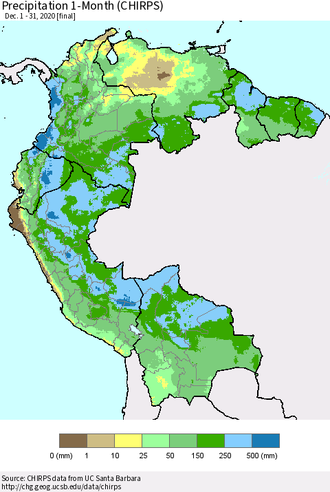 Northern South America Precipitation 1-Month (CHIRPS) Thematic Map For 12/1/2020 - 12/31/2020