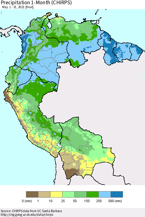 Northern South America Precipitation 1-Month (CHIRPS) Thematic Map For 5/1/2021 - 5/31/2021