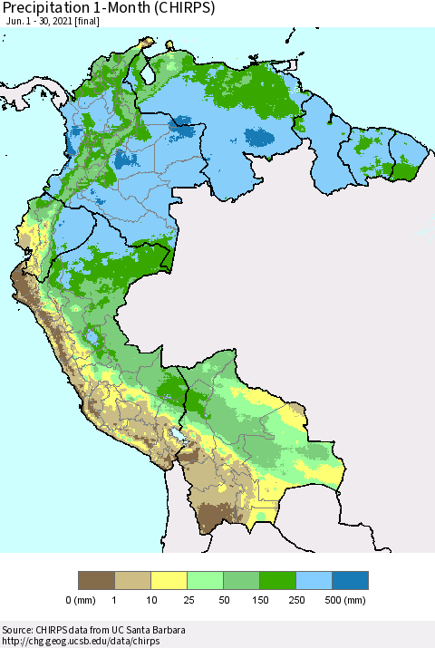 Northern South America Precipitation 1-Month (CHIRPS) Thematic Map For 6/1/2021 - 6/30/2021