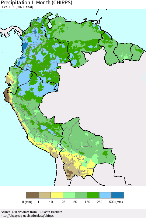 Northern South America Precipitation 1-Month (CHIRPS) Thematic Map For 10/1/2021 - 10/31/2021