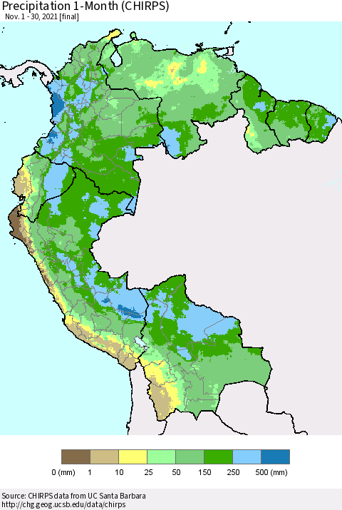 Northern South America Precipitation 1-Month (CHIRPS) Thematic Map For 11/1/2021 - 11/30/2021