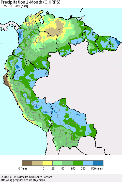 Northern South America Precipitation 1-Month (CHIRPS) Thematic Map For 12/1/2021 - 12/31/2021