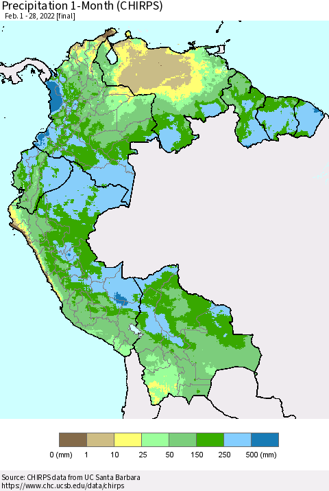 Northern South America Precipitation 1-Month (CHIRPS) Thematic Map For 2/1/2022 - 2/28/2022