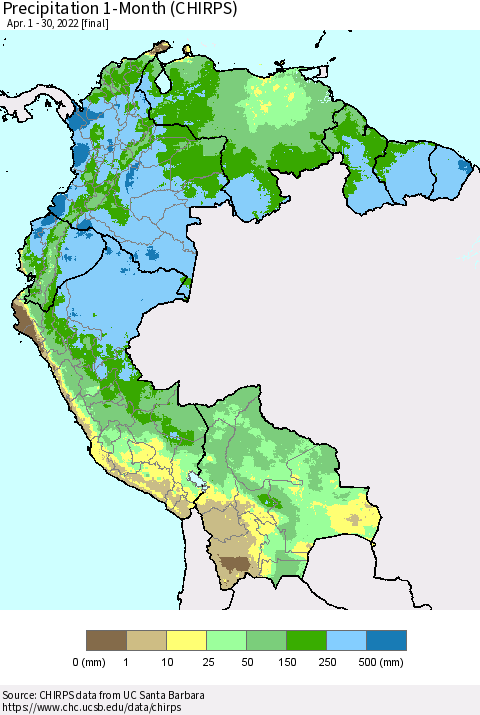 Northern South America Precipitation 1-Month (CHIRPS) Thematic Map For 4/1/2022 - 4/30/2022