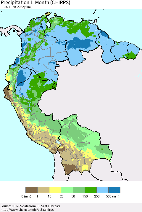 Northern South America Precipitation 1-Month (CHIRPS) Thematic Map For 6/1/2022 - 6/30/2022