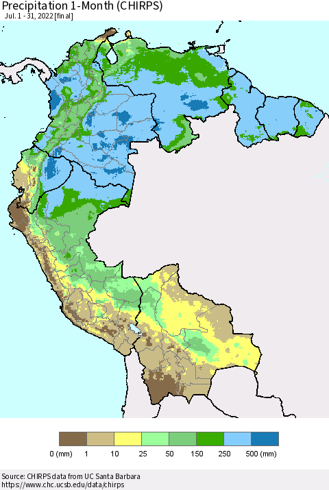 Northern South America Precipitation 1-Month (CHIRPS) Thematic Map For 7/1/2022 - 7/31/2022