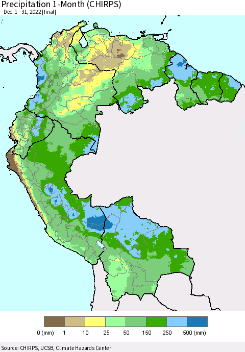 Northern South America Precipitation 1-Month (CHIRPS) Thematic Map For 12/1/2022 - 12/31/2022