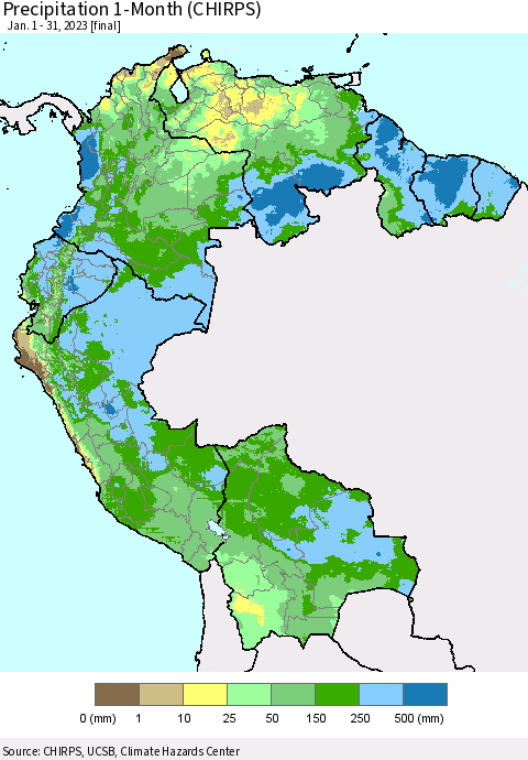 Northern South America Precipitation 1-Month (CHIRPS) Thematic Map For 1/1/2023 - 1/31/2023